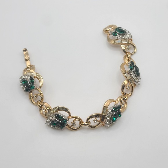 Vintage‎ Trifari Bracelet Rhinestone Green Gold Tone READ 7